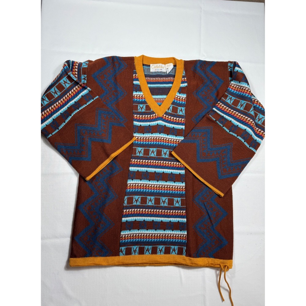 VTG 70s Catalina Jacquard Southwestern Aztec Bell Sleeve Sweater Boho Hippie L